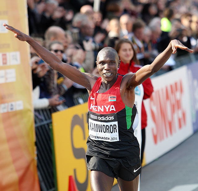 Geoffrey Kipsang Kamworor vinner VM i halvmaraton i København 2014. Foto: Kjell Vigestad