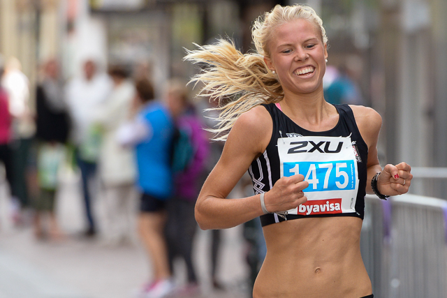 Marit Haslie, Tjalve tok en dobbel i 2014. Lørdag vant hun Skiløpet på 39.04 og dagen etter vant hun 10 km i Drammensmaraton på 37.57.  Foto: Erling Pande Braathen