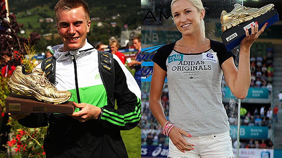 Sondre Nordstad Moen og Karoline Bjerkeli Grøvdal begynner å bli vant med å vinne Kondis' gullsko. (Foto: Kjell Vigestad / Bjørn Johannessen)
