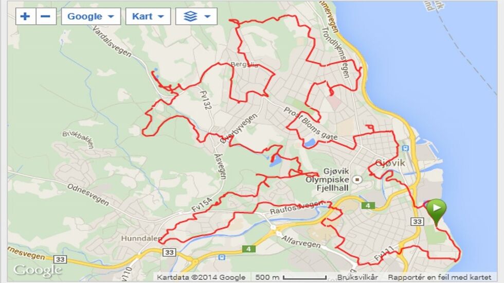 GPS-spor fra turen på kryss og tvers i Gjøvik på jakt etter 65 stolpeposter