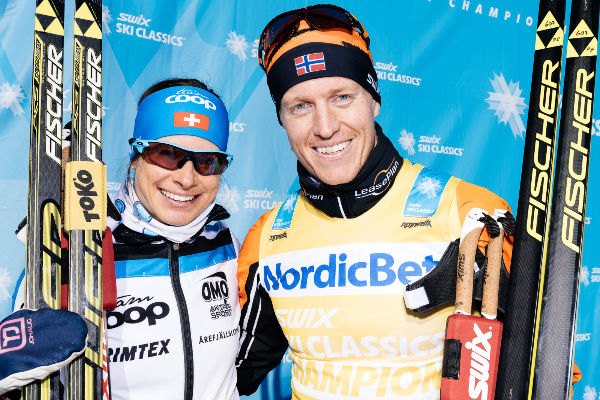 Seraina Boner og Petter Eliassen vinner årets Årefjällsloppet. Foto: Arrangøren