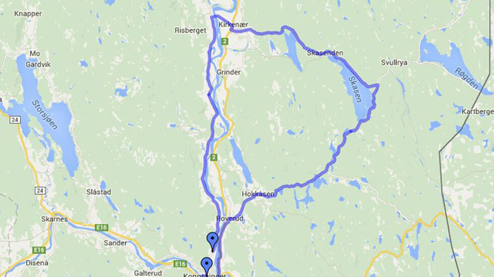 Kongsvingerrittet går rundt Skasen, via Kirkenær og vestsida av Glomma tilbake til festningsbyen