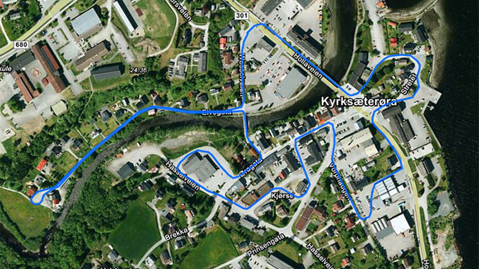 Løypekart for Ørasprinten. Runden er 2,5 km lang og løpes to ganger. 