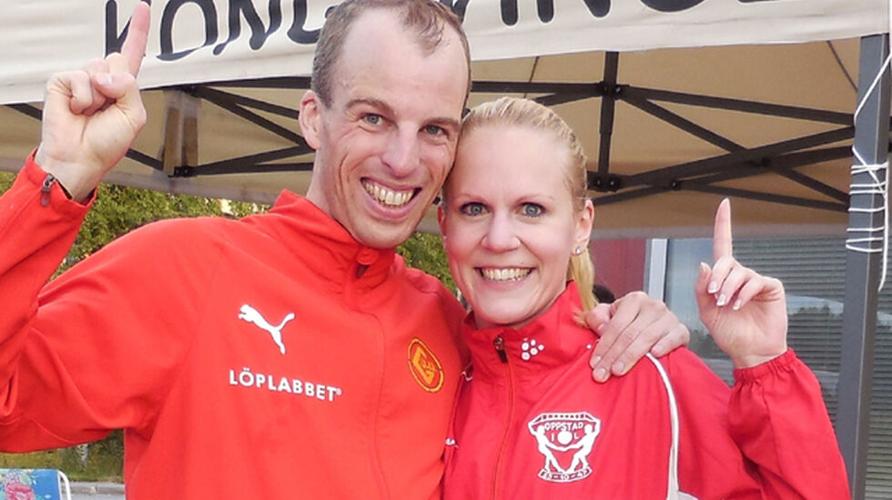 De to vinnerne av 5000-meteren i årets 4. karuselløp, Hallvard Nilsen, IL Gular, og Gunn Helen Hagen, Oppstad IL. (Foto: F. Nordal)