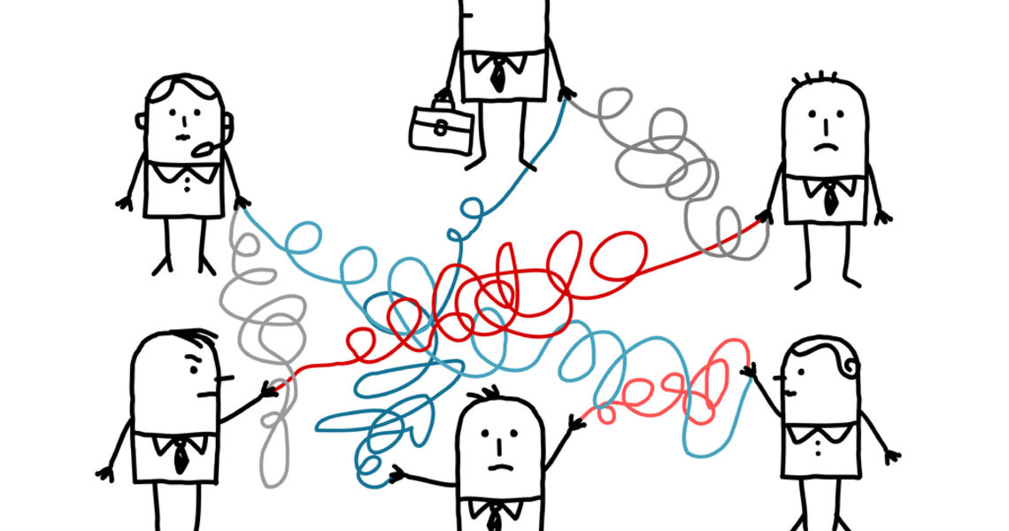 business people connected by tangled strings