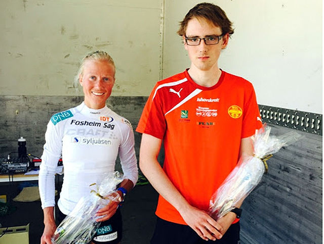 10 km-vinnerne Marthe Katrine Myhre, SK Vidar og Fredrik Sætran, BUL Tromsø. (Foto: Odd Erling Børstad)