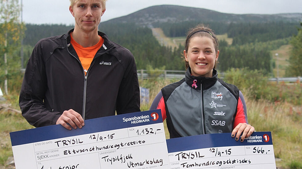 Totalvinnere i Trysil 1132 Motbakkeløp 2015: Espen Rusten fra Opphus og Anna Dyvik fra Falun Borlänge.