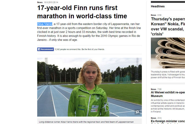 Alisa Vainio tok et maratonløp på sparket og kom i mål på 2.33.24. (Faksimile fra Yle)
