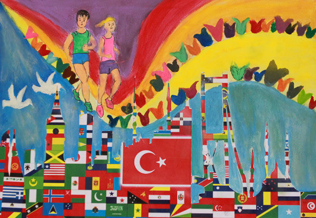 Barnetegninger: På startnummerutdelingen for Istanbul Marathon var det utstilt en imponerende samling av flotte bilder laget av barn i grunnskolen med motiver fra Istanbul Marathon. Vi falt for denne hvor brotårn, moskeer osv. var bygd opp av flagg, også det norske. Og med fredsduer og det internasjonale perspektivet i fokus.