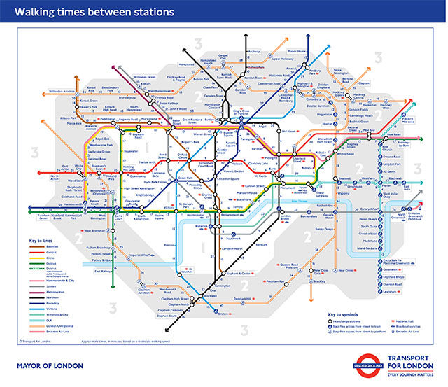 Transport of London lanserte nylig et oversiktskart for undergrunnsbanen hvor det også er markert inn den tidsmessige gangavstanden mellom de forskjellige stasjonene.