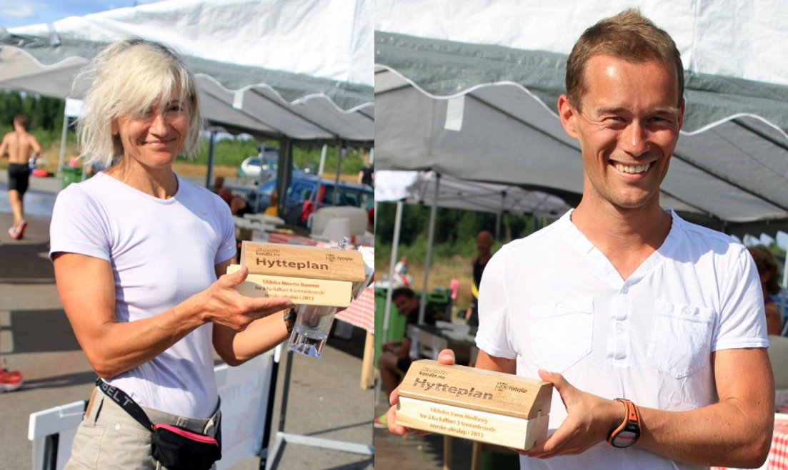 Her har Ninette Banoun og Even Nedberg fått sine Hytteplanker for 2013-sesongen.  Even har i 2015 løpt 16 norske ultraløp hittil... (foto: Olav Engen).
