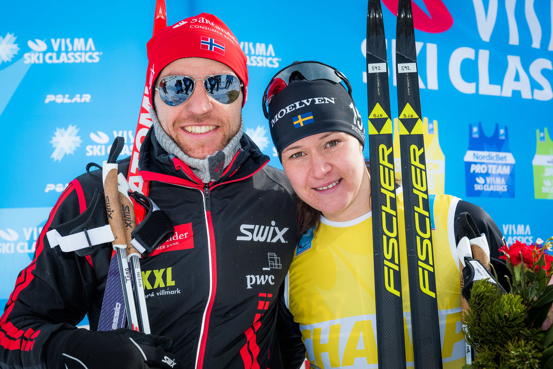 Britta Johansson Nordgren og Tord Asle Gjerdalen vant Ski Classics i Italia (arrangørfoto).