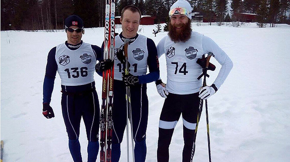 De tre raskeste racerne i Munksjørennet palmesøndag: Erlend Olsen flankert av Erland Kristiansen (til venstre) og Atle Rømo. (Foto: Ingar Kristiansen)