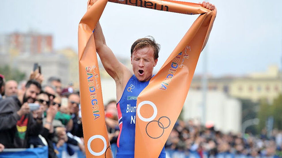 Kristian Blummenfelt etter world cup-seier i Italia. (Foto: Norges Triatlonforbund)