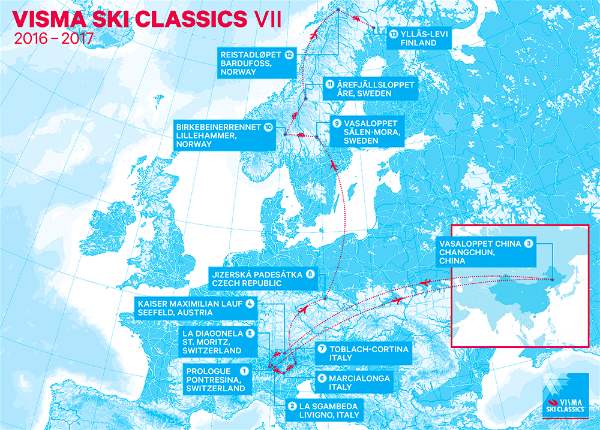 Slik ser kartet ut for arrangementsstedene under vinterens Ski Classics som er den syvende utgaven.
