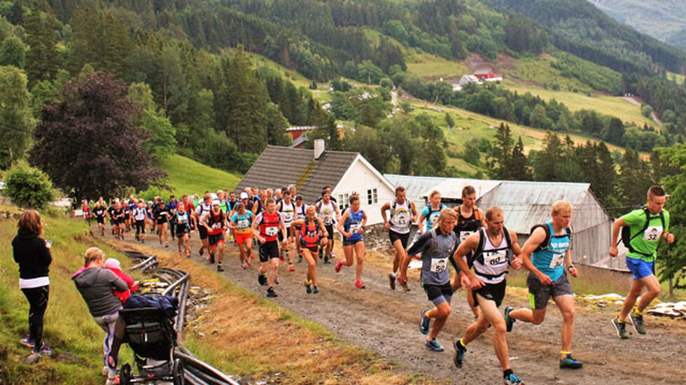 Startfeltet i konkurranseklassane med 71 deltakar like etter starten på garden Lunde i Feios i det 4.0 km lange motbakkeløpet med stigning på 827 høgdemeter frå 400- 1227 moh. (Foto arrangør)