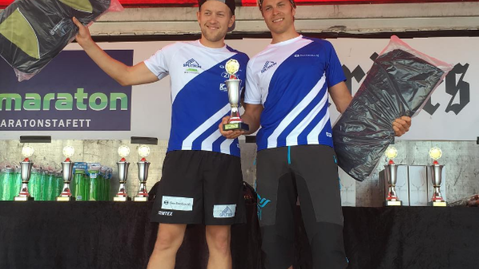 Splitkon vinner parmaraton med fra venstre: Per Kristian Nygård og Christian Bache  i laget Splitkon  løp parmaraton på 2.39.34 . Kun åttemannslaget Furumo Runners løp raskere med 2.26.09 Foto: Arrangørens Instagramside
