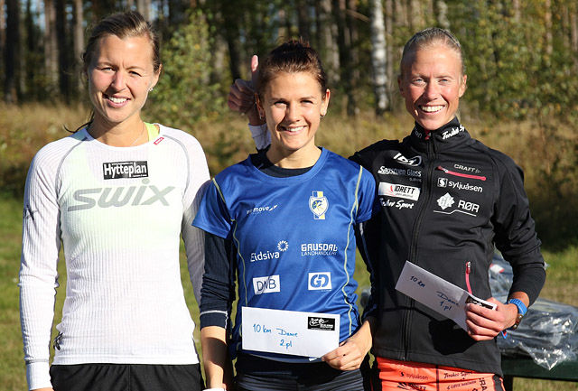 Marthe Katrine Myhre (til høyre) vant 10 kilometeren med Marte Flatlien (midten) på andreplass og Marte Pedersen på tredje. (Foto: Runar Gilberg)