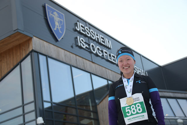 Fornøyd: Solfrid Haugen kjente virkelig på godfølelsen under Jessheim Vintermaraton i går. Foto: Marianne Røhme