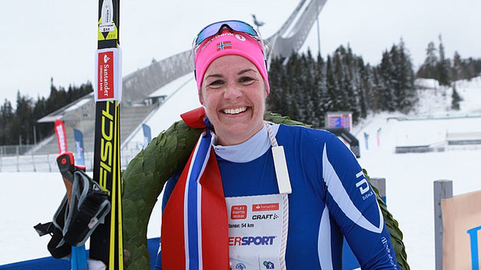 Ingeborg Dahl, Ringkollen Skiklubb er tatt ut til VM på rulleski. Her etter seieren i Holmenkollmarsjens 47 KM . Foto: Kjell VIgestad