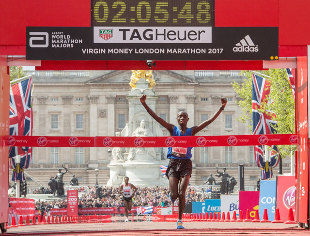 Daniel Wanjiru KEN crosses the line to win the Elite Mens Race. The Virgin Money London Marathon, 23rd April 2017.

Photo: Roger Allen for Virgin Money London Marathon

For further information: media@londonmarathonevents.co.uk