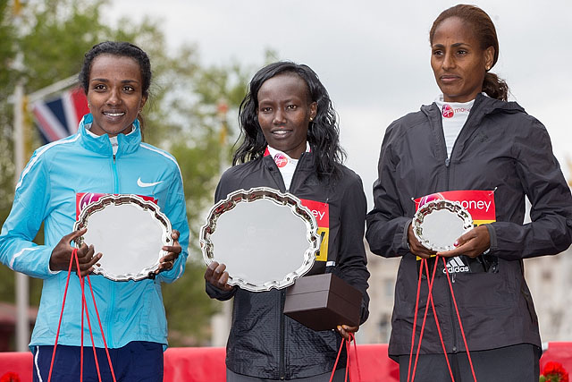 Tirunesh Dibaba ETH (second) Mary Keitany KEN (winner) and Aselefech Mergia ETH on the podium after the Elite Womens Race. The Virgin Money London Marathon, 23rd April 2017.

Photo: Jed Leicester for Virgin Money London Marathon

For further informatio