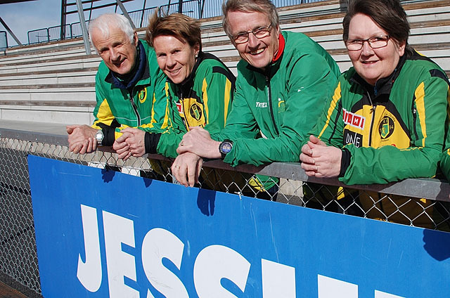 ”Jessheim – midt i Norge” er slagordet for de som nå skal gjenskape Norgesløpet, anført av disse fire sentrale skikkelsene. Fra venstre: Nils Kristen Wiig, Agneta Roth, Ivar Egeberg og Bodil Anthi Svinø