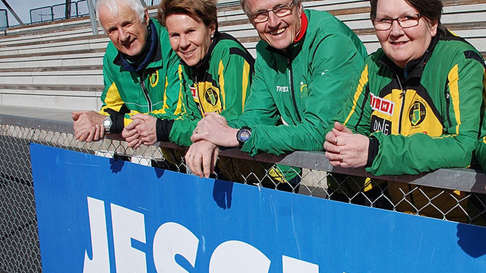 ”Jessheim – midt i Norge” er slagordet for de som nå skal gjenskape Norgesløpet, anført av disse fire sentrale skikkelsene. Fra venstre: Nils Kristen Wiig, Agneta Roth, Ivar Egeberg og Bodil Anthi Svinø