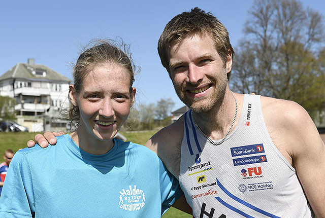 Fornøyde vinnere. Tessa Frenay løp 10 km på 38:24, mens Emil Wingstedt sin vinnertid var 34:04 min. (Alle foto: Bjørn Johannessen)