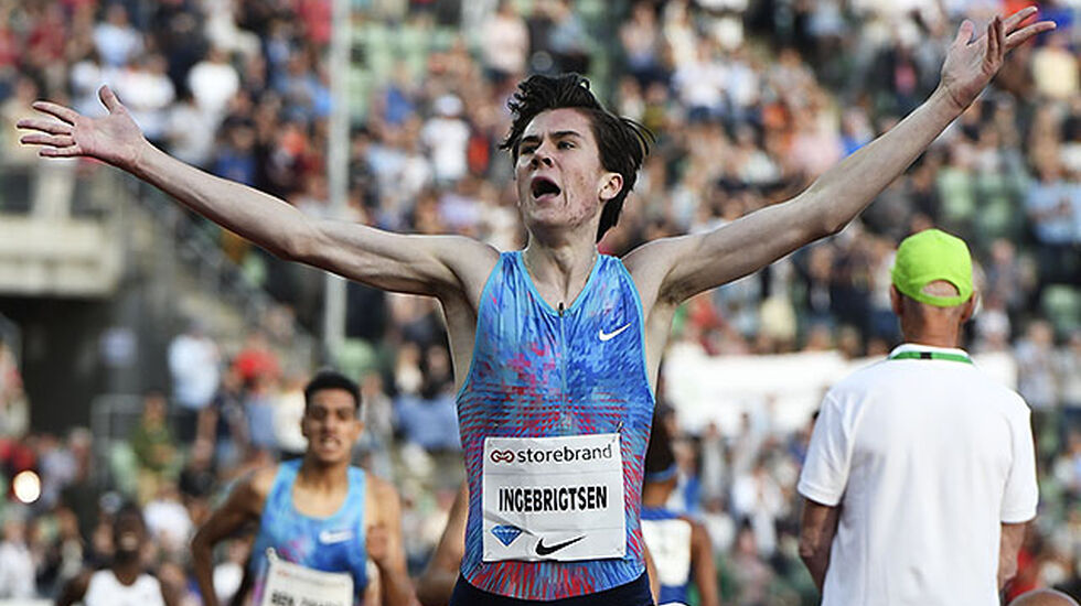 Et av de store høydepunkta under årets Bislett Games var seieren og aldersrekorden til Jakob Ingebrigtsen på 1 engelsk mile. (Foto: Bjørn Johannessen) 