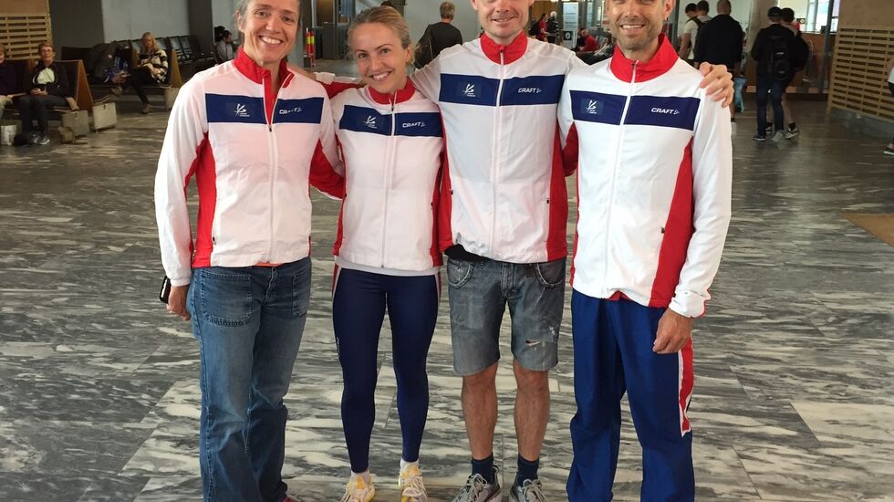 Deltagerne ved avreisen fra Gardermoen i dag morges. Guro Skjeggerud, Therese Falk, Bjørn Tore Taranger og Joar Flynn Jensen. (Foto: Erik Nossum)