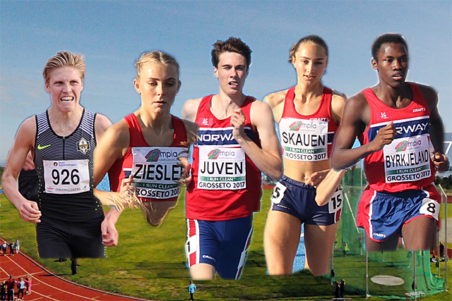 Mulige kandidater til å bli junior-norgesmestere på løpsøvelsene i friidrett i år: Simen Halle Haugen, Camilla Ziesler, Sondre Juven, Karoline Skauen og Thomas Jefferson Byrkjeland.