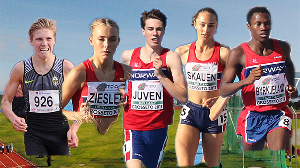 Mulige kandidater til å bli junior-norgesmestere på løpsøvelsene i friidrett i år: Simen Halle Haugen, Camilla Ziesler, Sondre Juven, Karoline Skauen og Thomas Jefferson Byrkjeland.