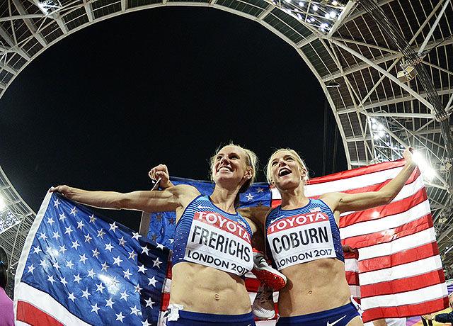 Emma Coburn og Courtney Frerichs kunne juble for amerikansk dobbeltseier. (Foto: Bjørn Johannessen)