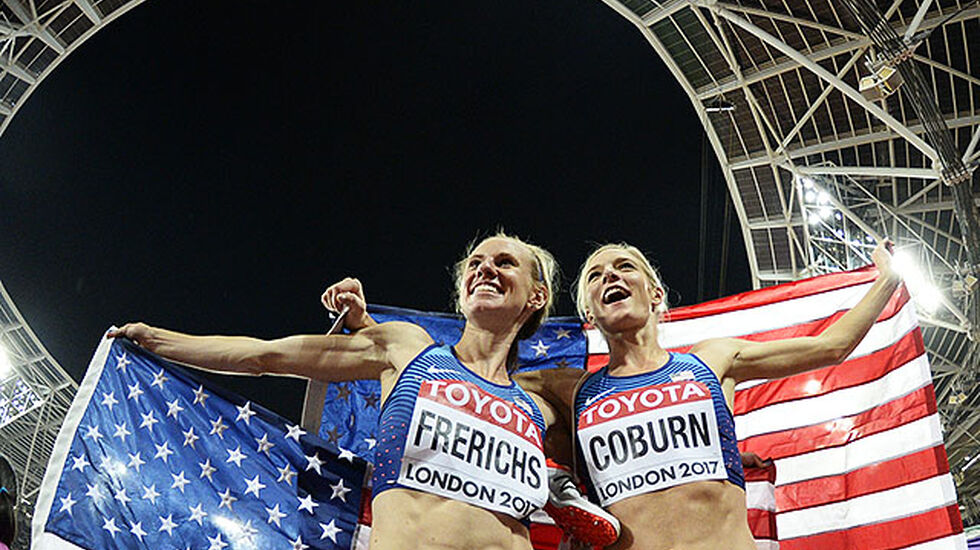 Emma Coburn og Courtney Frerichs kunne juble for amerikansk dobbeltseier. (Foto: Bjørn Johannessen)