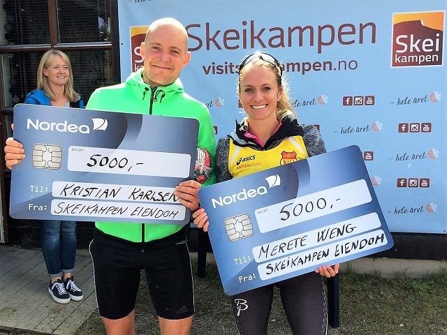 Totalvinnerne Kristian Karlsen og Merete Weng med dagens bonus i Skeikampen Rundt. (Foto: Jan Erik Bakken)