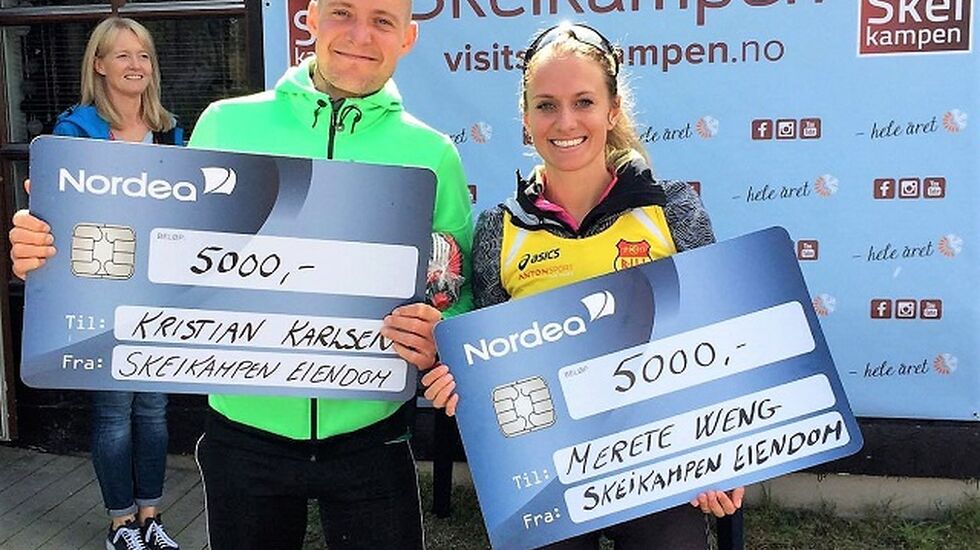 Totalvinnerne Kristian Karlsen og Merete Weng med dagens bonus i Skeikampen Rundt. (Foto: Jan Erik Bakken)