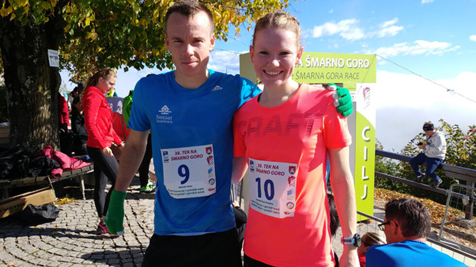 Karoline og Johan fotografert like etter løpet i målområdet for Smarna Gora international Mountain Race i Ljubljana i Slovenia.