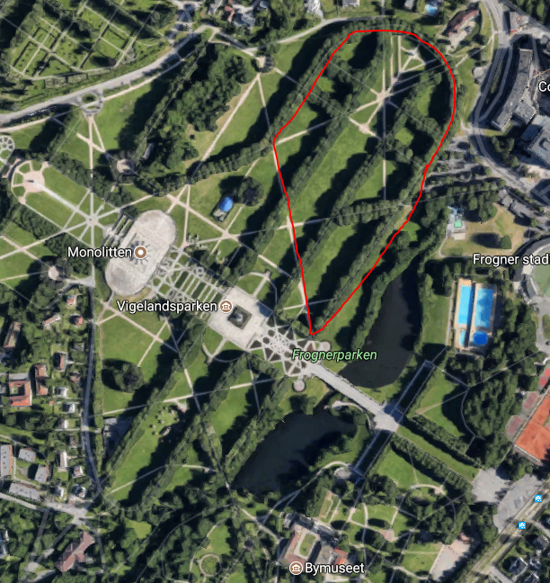 Løypa for intervalltreningen på mandager. Lengde ca. 1 km