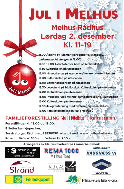 Programoversikt for arrangementet Jul i Melhus lørdag 2.desember ved rådhuset.