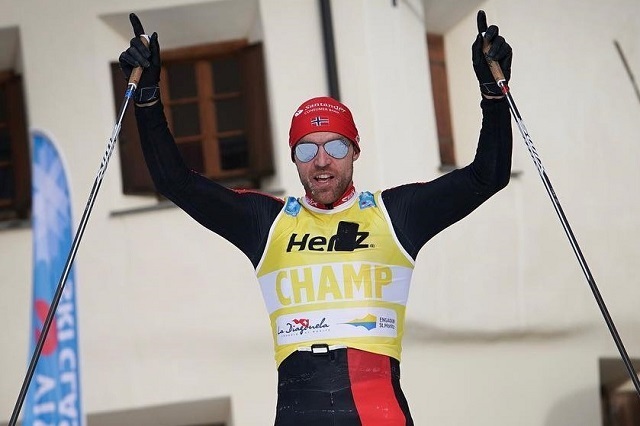 Tord Asle Gjerdalen, Team Santander i mål som vinner av La Diagonela 2018. (Arrangørfoto)