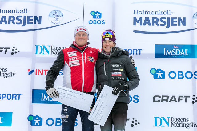 Totalvinnerne av Holmenkollmarsjen 2018: Joar Thele og Seraina Boner. (Foto: Stian Schløsser Møller)