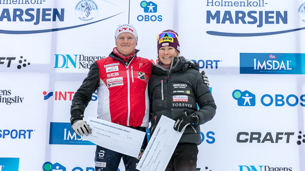 Totalvinnerne av Holmenkollmarsjen 2018: Joar Thele og Seraina Boner. (Foto: Stian Schløsser Møller)