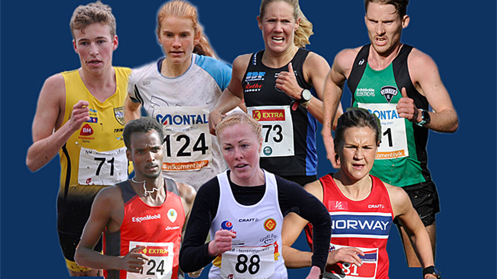 Mulige kandidater til å bli norgesmester i terrengløp til helgen: Øverst: Mathias Flak, Lucia Philipp, Maria Sagnes Wågan, Eivind Øygard. Nederst: Zerei Mezngi, Eli Anne Dvergsdal, Pernilla Eugenie Epland.