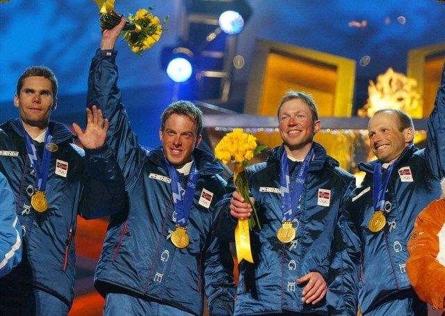 Stafettlaget som tok gull i OL 2002. Frå venstre, Thomas Alsgaard, Anders Aukland, Frode Estil og Kristen Skjeldal. (Bildet er kopiert frå nettsida til Blåfelden Rett Opp)