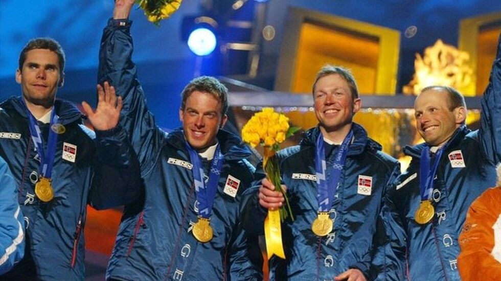Stafettlaget som tok gull i OL 2002. Frå venstre, Thomas Alsgaard, Anders Aukland, Frode Estil og Kristen Skjeldal. (Bildet er kopiert frå nettsida til Blåfelden Rett Opp)