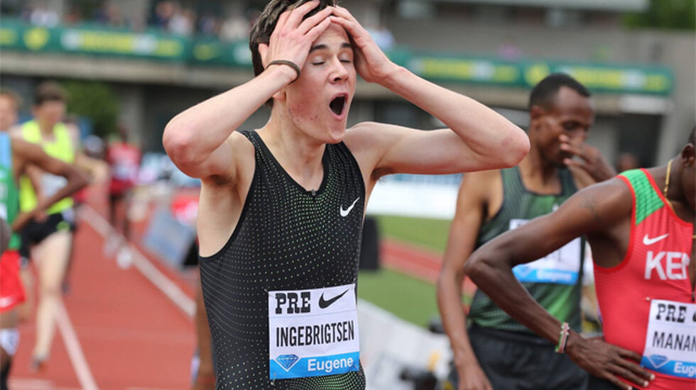 Jakob Ingebrigtsen så like etter målgang knapt ut til å tro det som hadde skjedd. (Foto: arrangøren) 