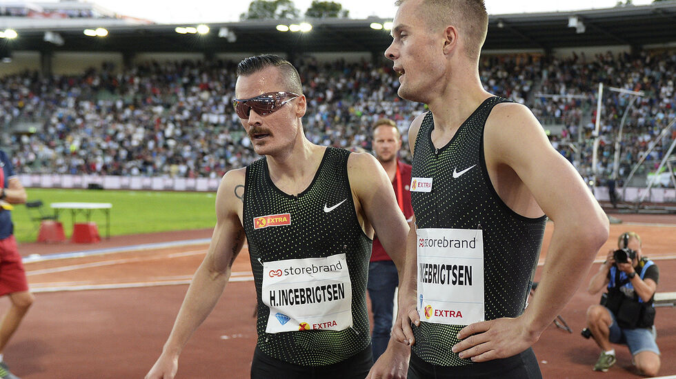 Akkurat som på mile-løpet på Bislett i sommer, der dette bildet er tatt, var det et lite stykke fram til vinneren for Henrik og Filip Ingebrigtsen. (Foto: Bjørn Johannessen)