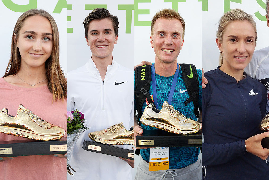Karoline Skauen, Jakob Ingebrigtsen, Sondre Nordstad Moen og Karoline Bjerkeli Grøvdal fikk tildelt Gullskoen som årets løper i 2017.