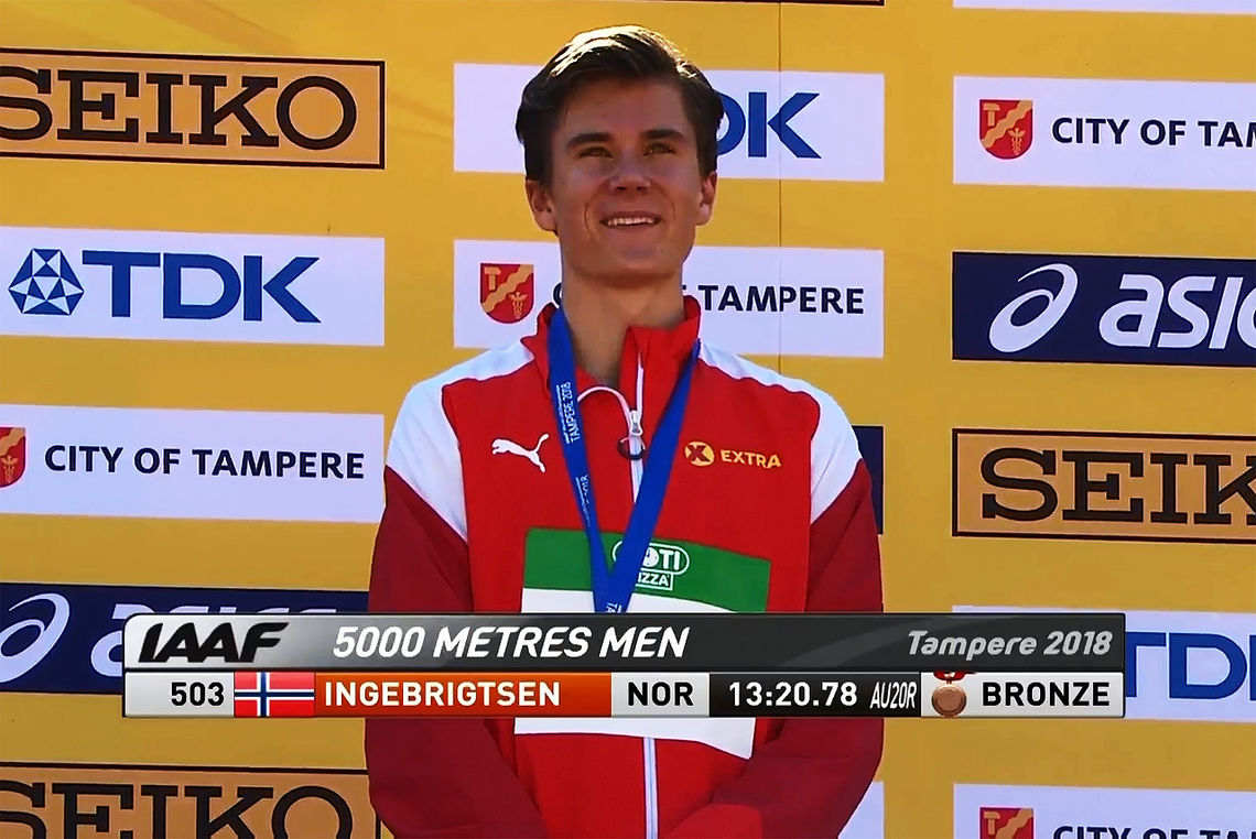 Bronsemedaljen smakte omtrent som gull for Jakob Ingebrigtsen i dag. (Foto: skjermdump fra IAAFs streaming)